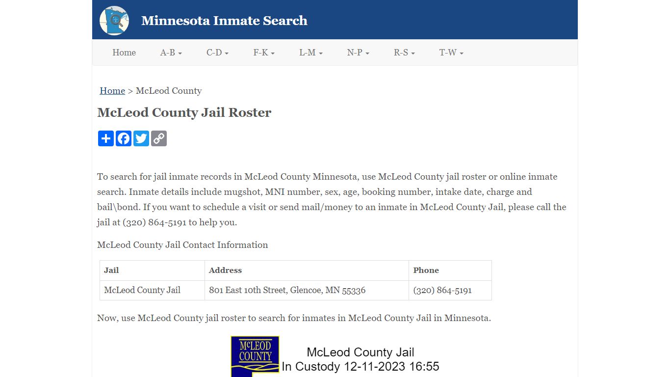 McLeod County Jail Roster - Minnesota Inmate Search